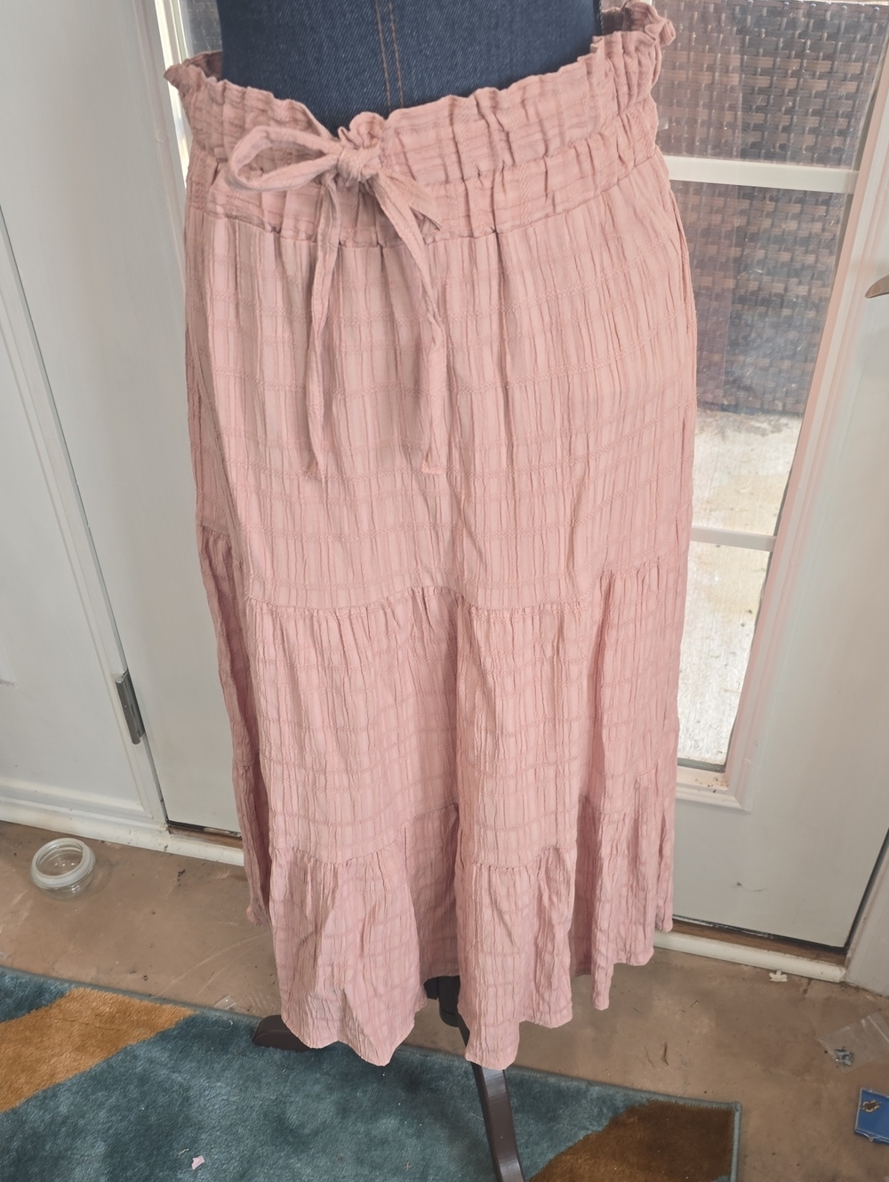 32" Long. Celebrity Pink Blush Tiered Maxi Skirt with Drawstring